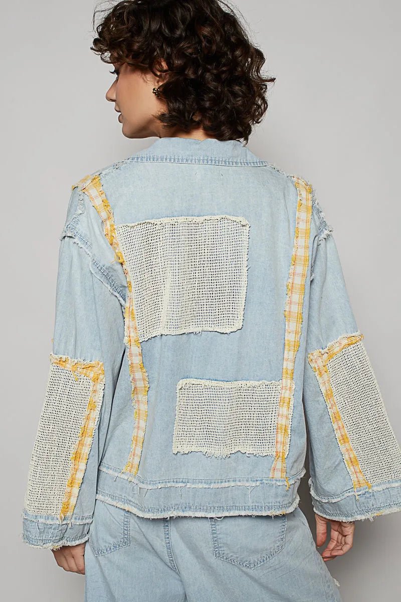 POL Raw Hem Zip Up Denim Jacket with Plaid and Crochet Patch - Love Salve