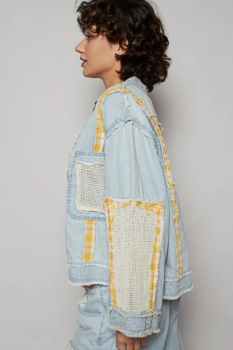 POL Raw Hem Zip Up Denim Jacket with Plaid and Crochet Patch - Love Salve