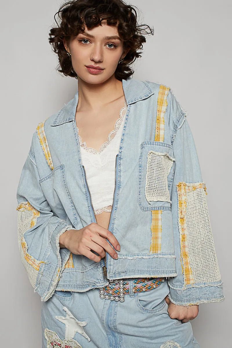 POL Raw Hem Zip Up Denim Jacket with Plaid and Crochet Patch - Love Salve