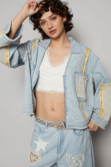 POL Raw Hem Zip Up Denim Jacket with Plaid and Crochet Patch - Love Salve