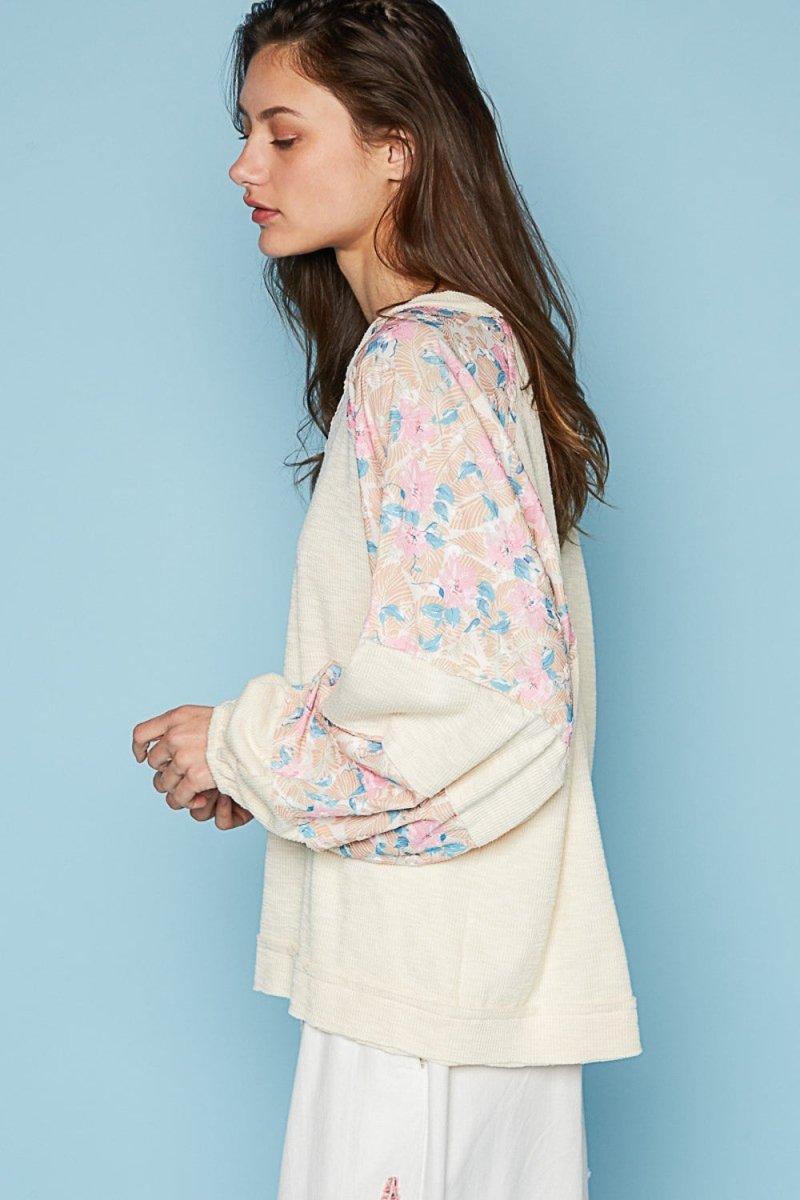 POL Round Neck Balloon Floral Long Sleeve Top for Women - Love Salve 
