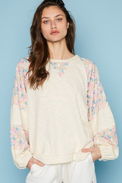POL Round Neck Balloon Floral Long Sleeve Top for Women - Love Salve 