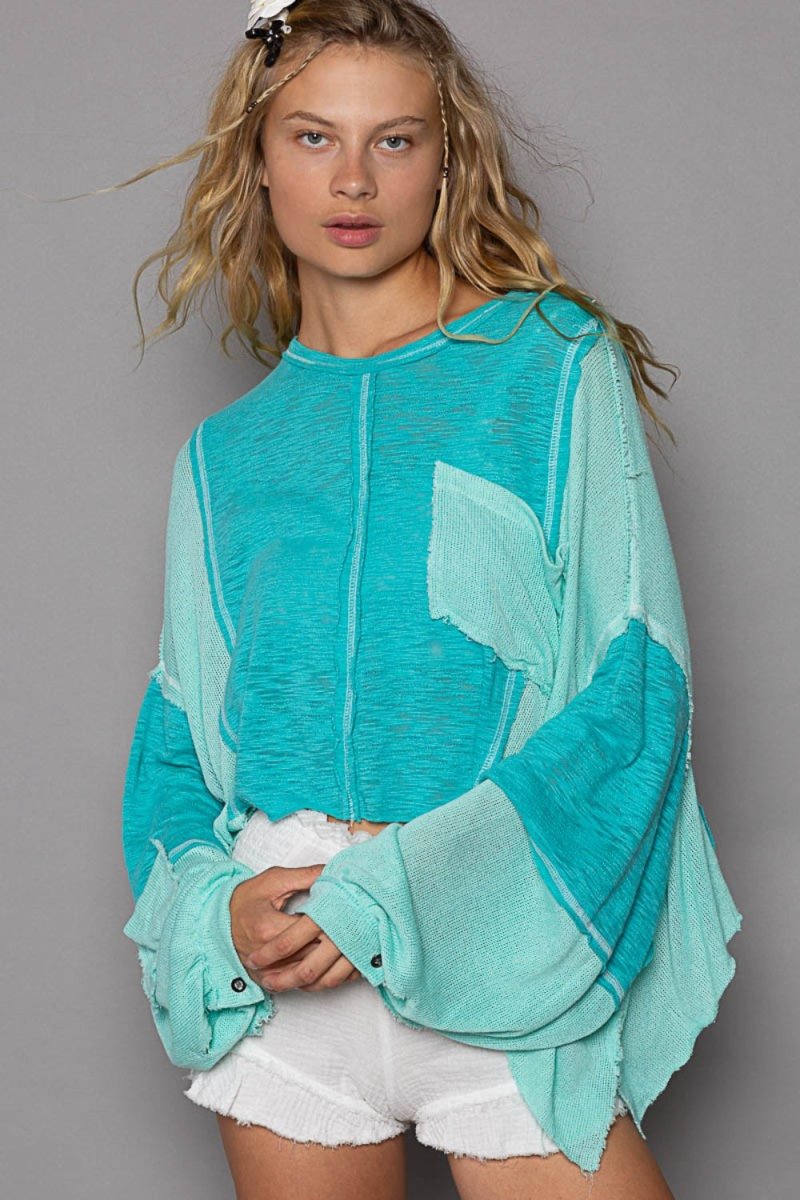 POL Round Neck Contrast High-Low Top for Stylish Comfort - Love Salve 