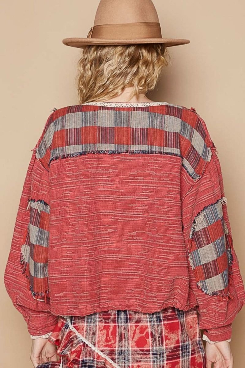 POL Round Neck Long Sleeve Plaid Shirt - Love Salve 