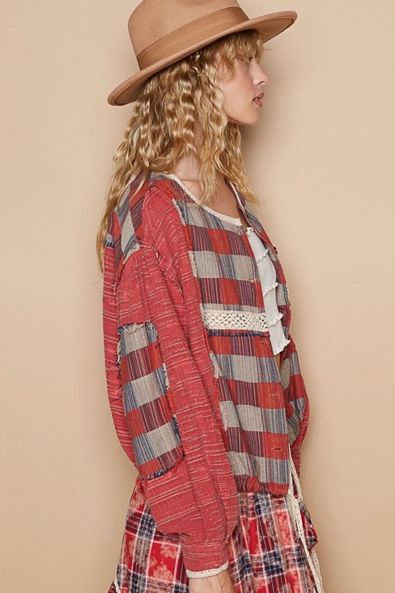 POL Round Neck Long Sleeve Plaid Shirt - Love Salve 
