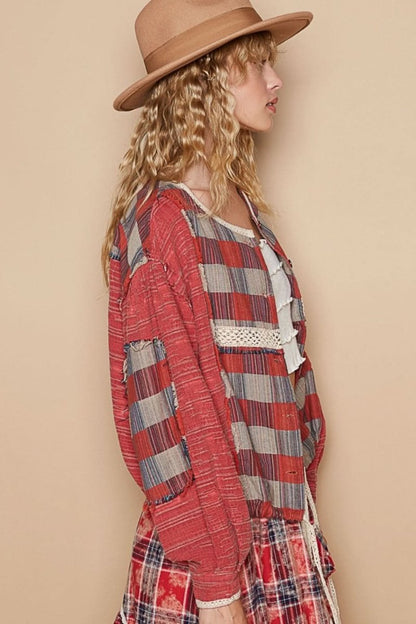 POL Round Neck Long Sleeve Plaid Shirt - Love Salve 