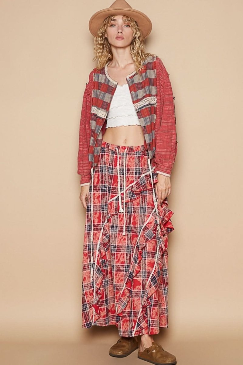 POL Round Neck Long Sleeve Plaid Shirt - Love Salve 