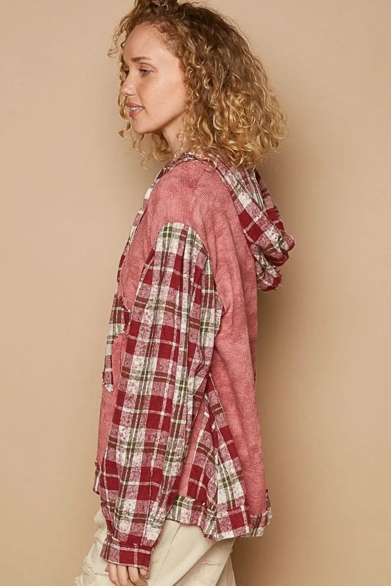 POL Star Patch Plaid Long Sleeve Hooded Top - Love Salve 
