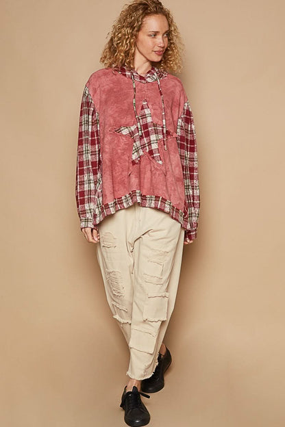 POL Star Patch Plaid Long Sleeve Hooded Top - Love Salve 