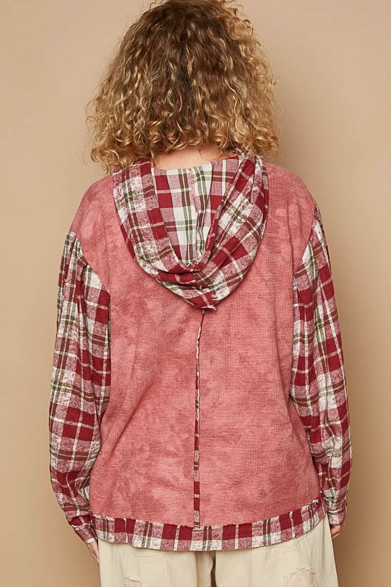 POL Star Patch Plaid Long Sleeve Hooded Top - Love Salve 