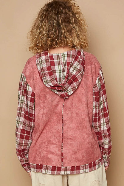 POL Star Patch Plaid Long Sleeve Hooded Top - Love Salve 