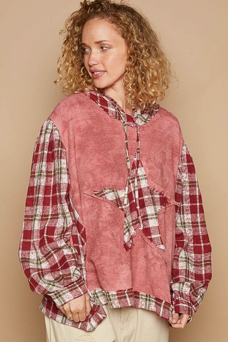 POL Star Patch Plaid Long Sleeve Hooded Top - Love Salve 