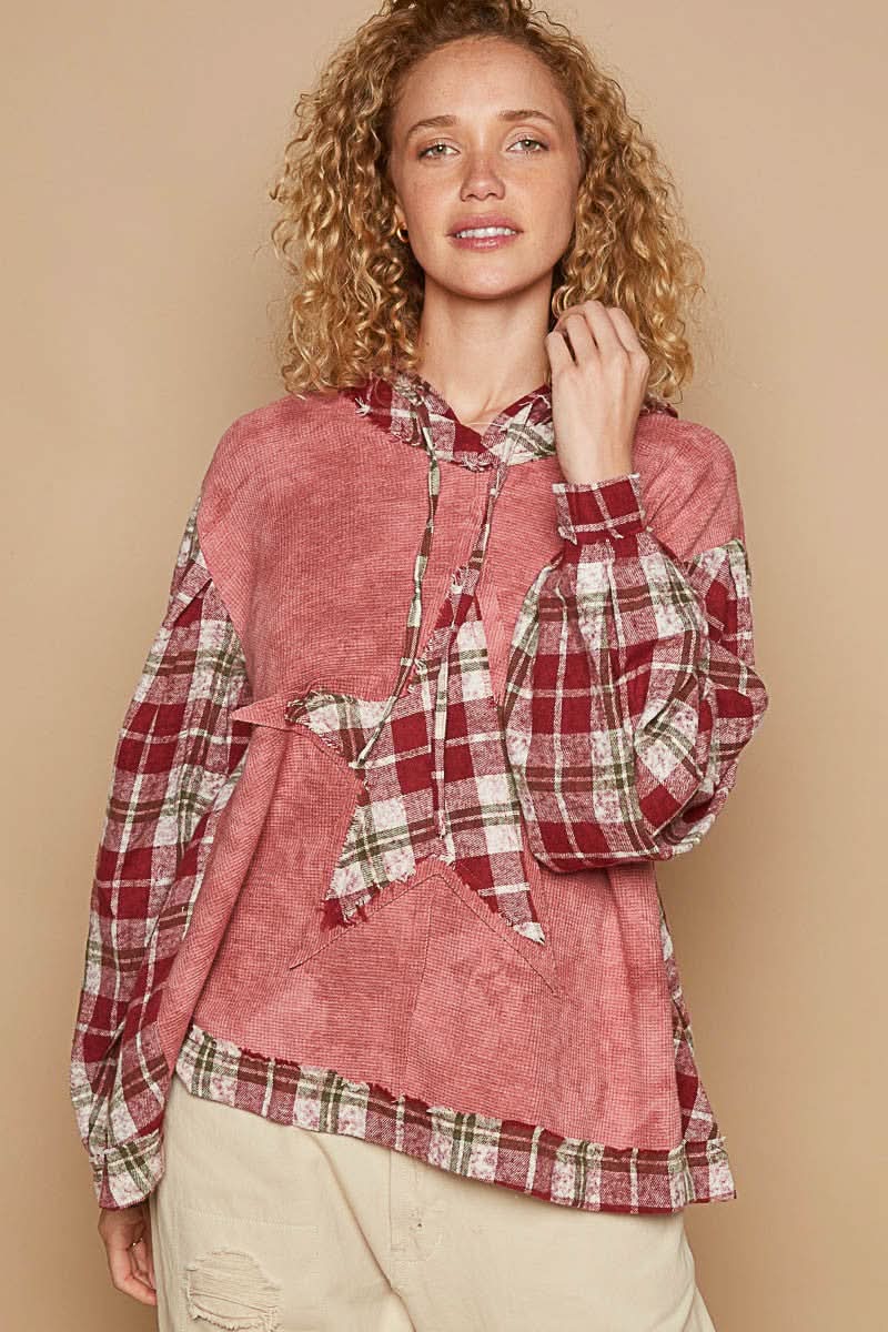 POL Star Patch Plaid Long Sleeve Hooded Top - Love Salve 