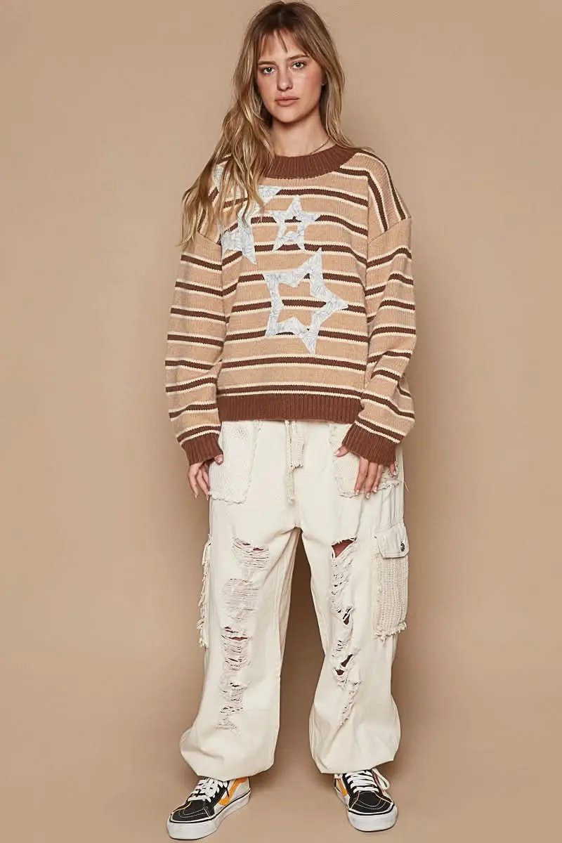 POL Star Patch Stripe Round Neck Sweater - Love Salve 