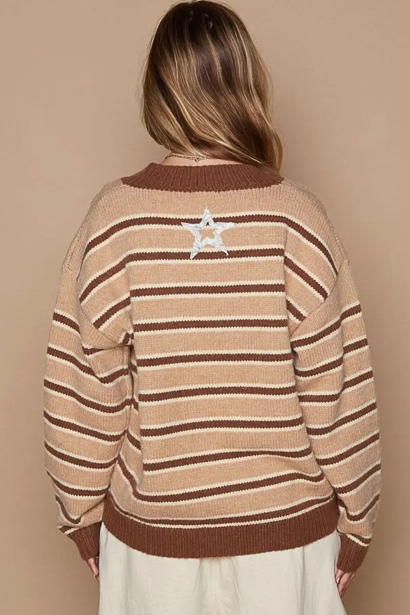 POL Star Patch Stripe Round Neck Sweater - Love Salve 
