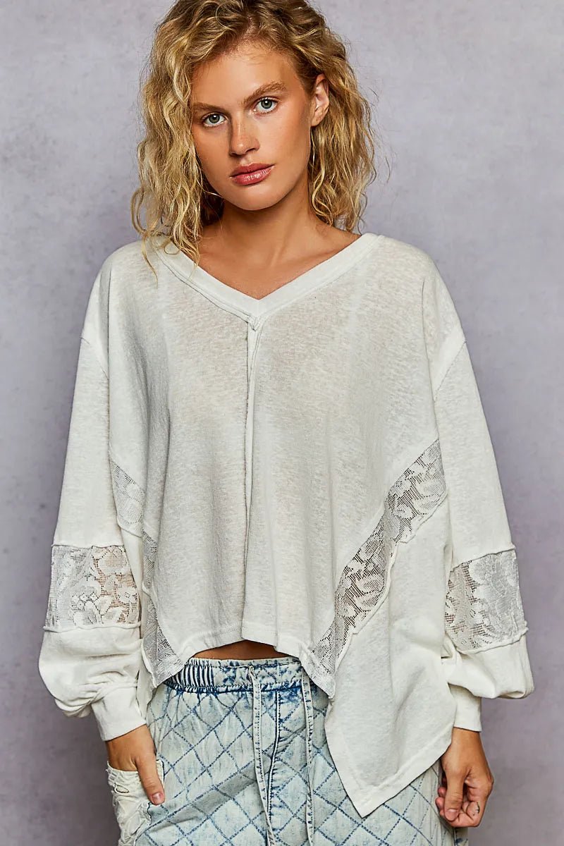 POL V - Neck Long Sleeve T-Shirt with Lace Detail - Love Salve