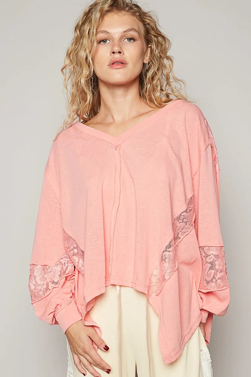 POL V - Neck Long Sleeve T-Shirt with Lace Detail - Love Salve