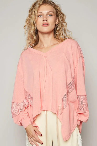 POL V - Neck Long Sleeve T-Shirt with Lace Detail - Love Salve