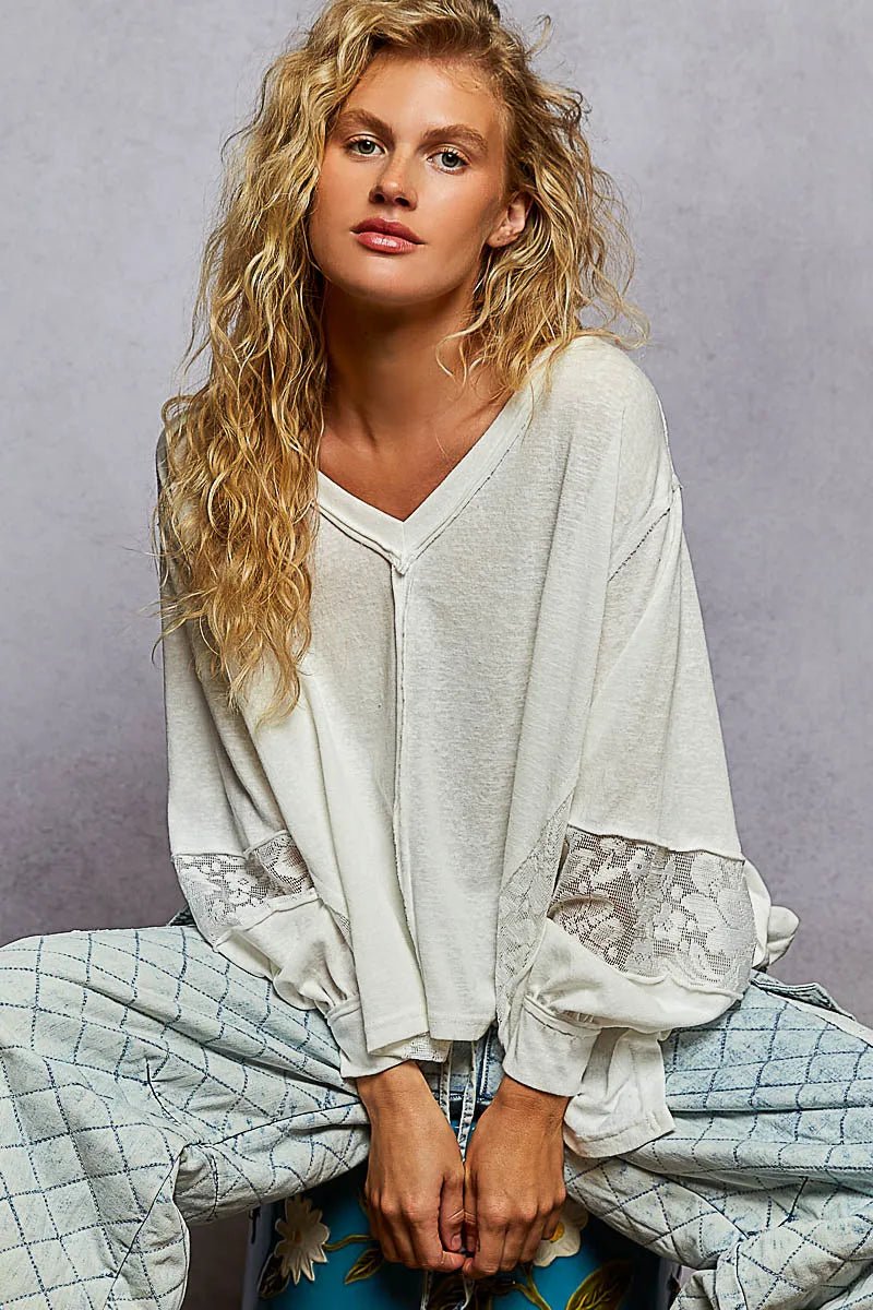 POL V - Neck Long Sleeve T-Shirt with Lace Detail - Love Salve
