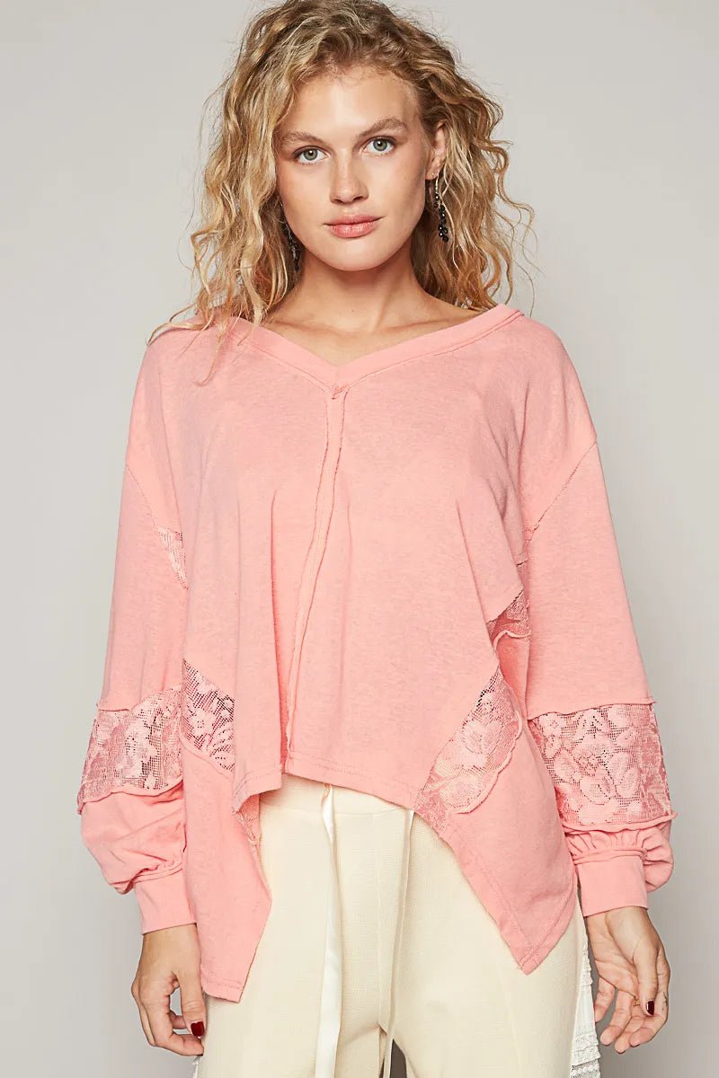 POL V - Neck Long Sleeve T-Shirt with Lace Detail - Love Salve
