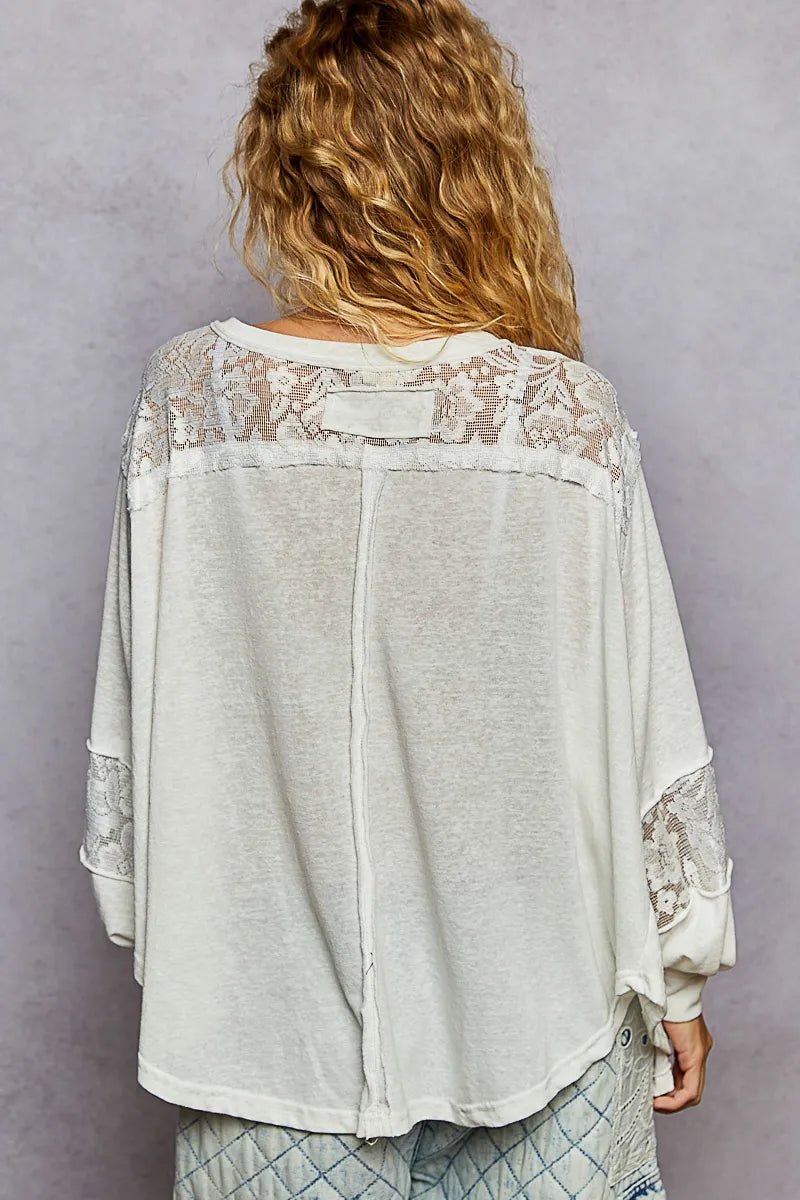 POL V - Neck Long Sleeve T-Shirt with Lace Detail - Love Salve