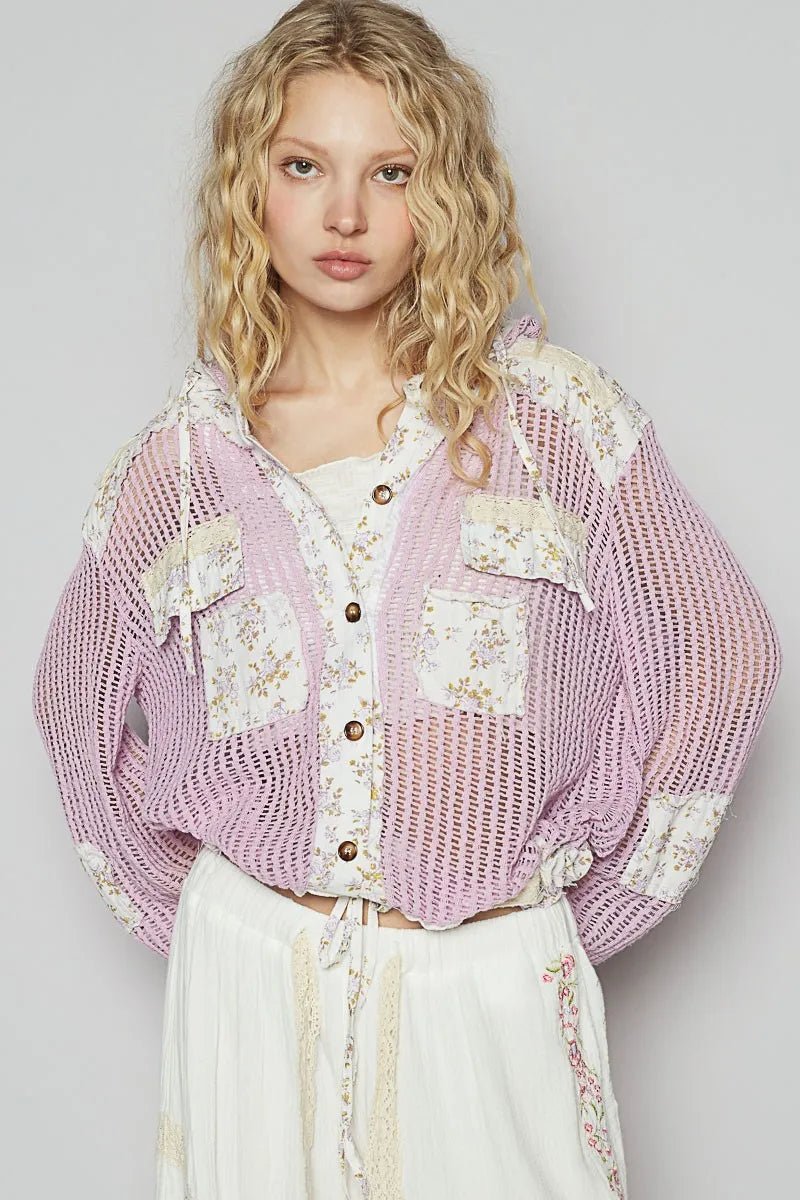 POL Vintage Washed Crochet Hoodie Jacket With Patchwork - Love Salve