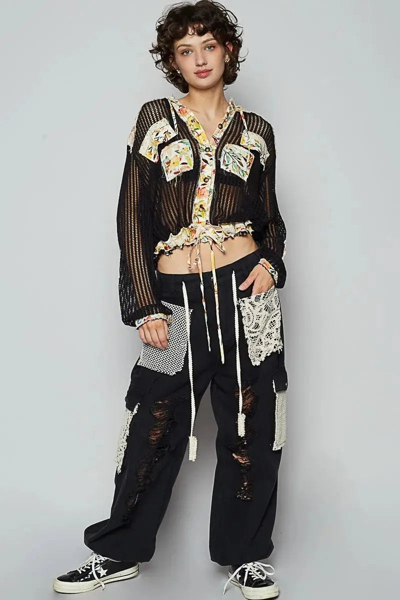 POL Vintage Washed Crochet Hoodie Jacket With Patchwork - Love Salve