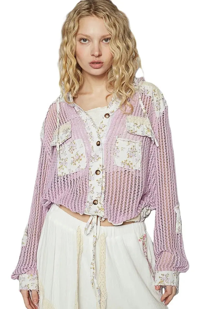POL Vintage Washed Crochet Hoodie Jacket With Patchwork - Love Salve