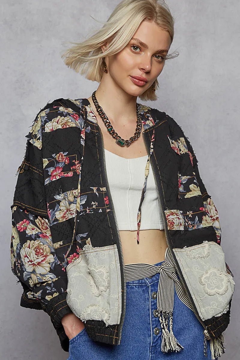 POL Zip Up Floral and Lace Patch Washed Jacket - Love Salve