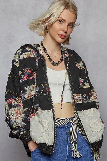 POL Zip Up Floral and Lace Patch Washed Jacket - Love Salve