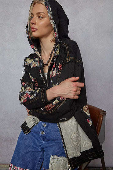 POL Zip Up Floral and Lace Patch Washed Jacket - Love Salve