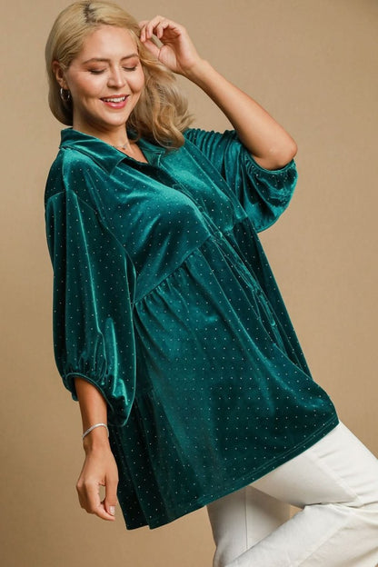 Polka Dot Button-Up Shirt with Collared Neckline by Umgee - Love Salve 