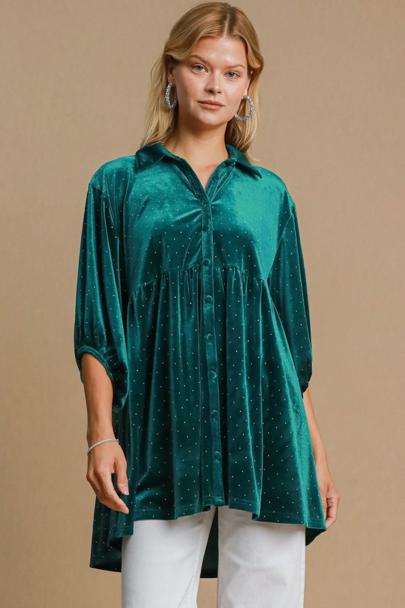 Polka Dot Button-Up Shirt with Collared Neckline by Umgee - Love Salve 