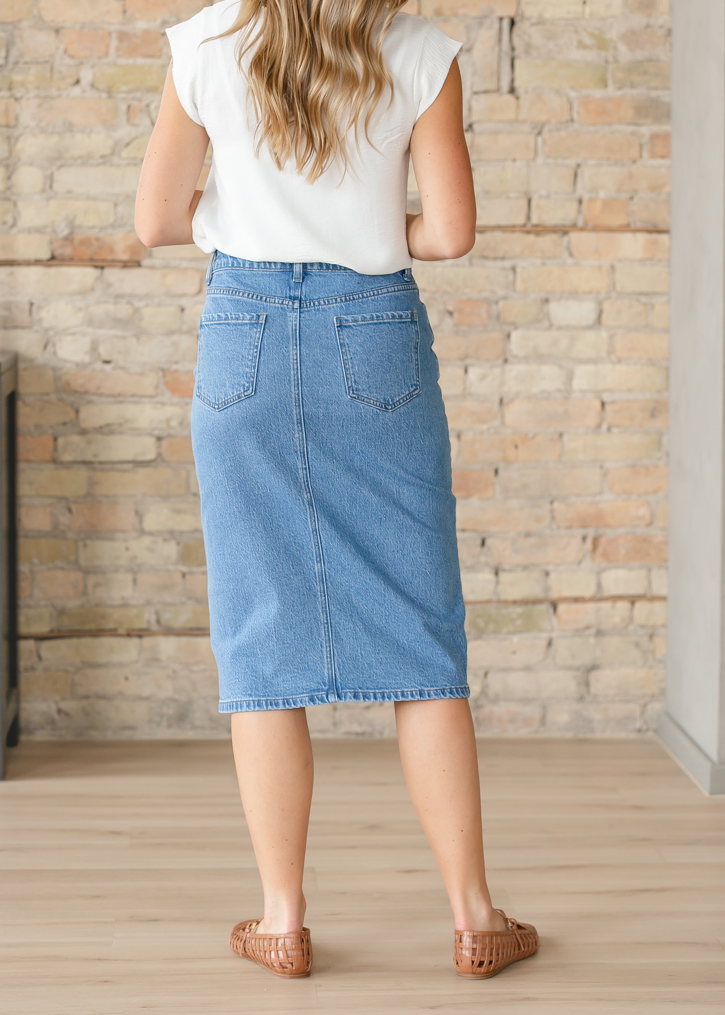 Remi Denim Classic Wash Midi Skirt Inherit Co.