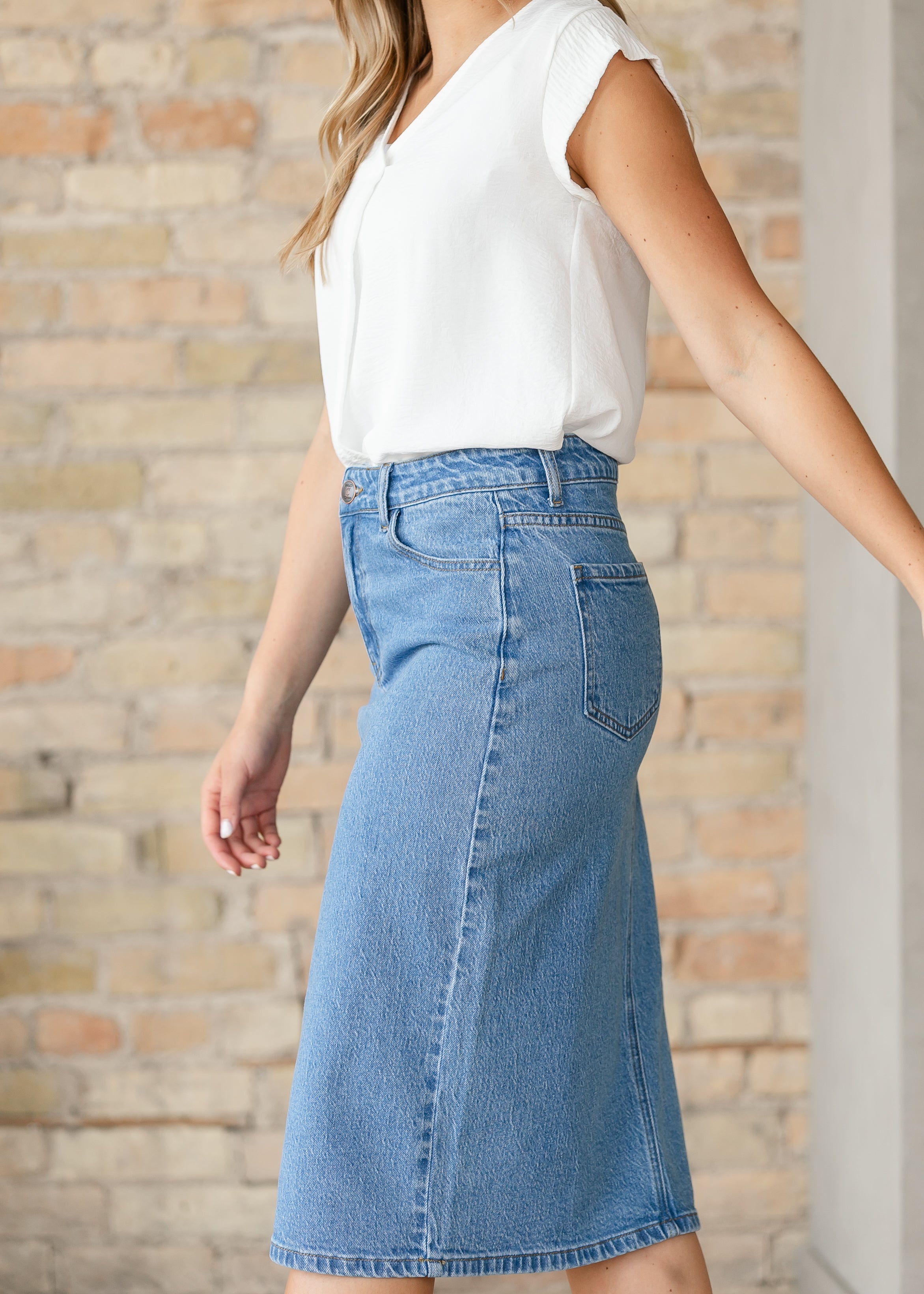Remi Denim Classic Wash Midi Skirt Inherit Co.