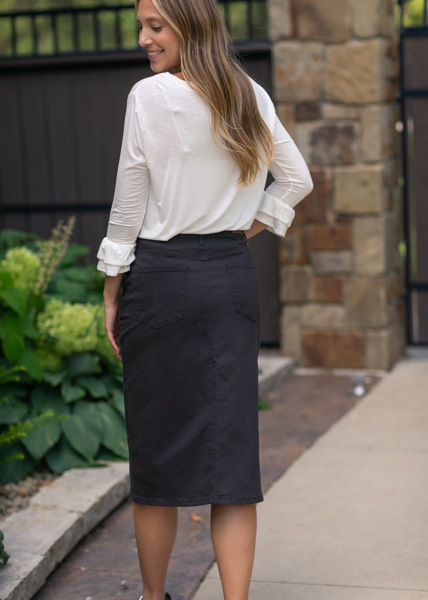 Remi Onyx Black Denim Midi Skirt Inherit Co.