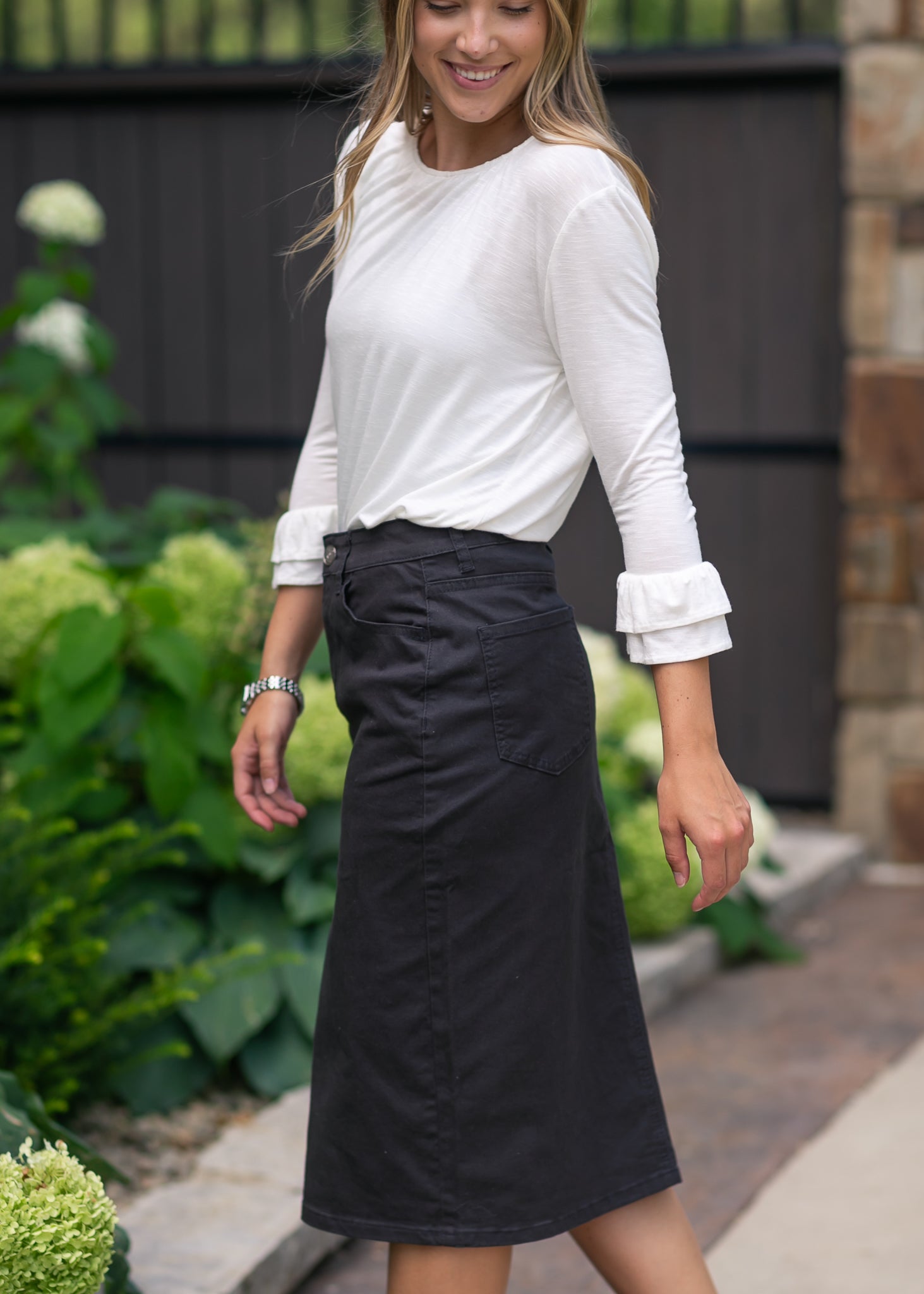 Remi Onyx Black Denim Midi Skirt Inherit Co.