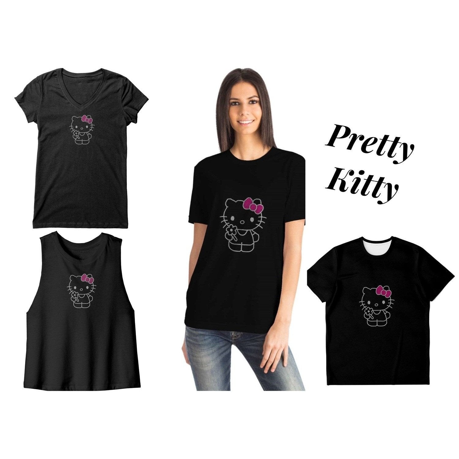 Rhinestone Pretty Kitty Tee Shirt Crew Neck V Neck Tank Top MM