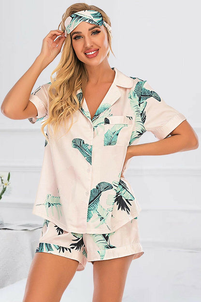 Printed Button Up Short Sleeve Top and Shorts Lounge Set - Love Salve