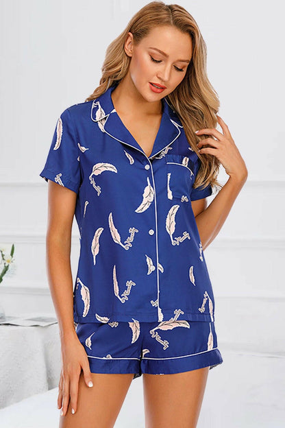 Printed Button Up Short Sleeve Top and Shorts Lounge Set - Love Salve