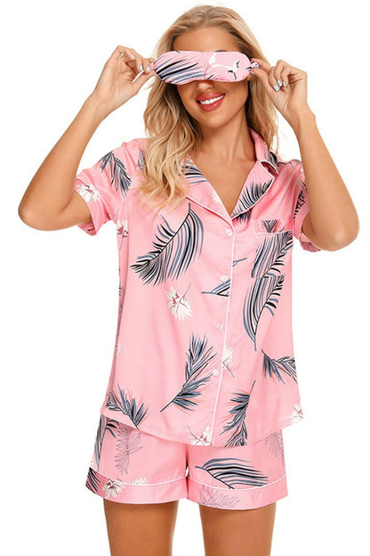 Printed Button Up Short Sleeve Top and Shorts Lounge Set - Love Salve