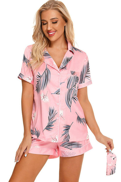 Printed Button Up Short Sleeve Top and Shorts Lounge Set - Love Salve