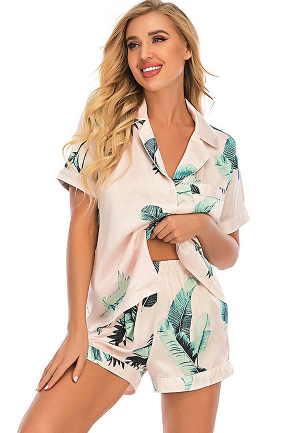 Printed Button Up Short Sleeve Top and Shorts Lounge Set - Love Salve