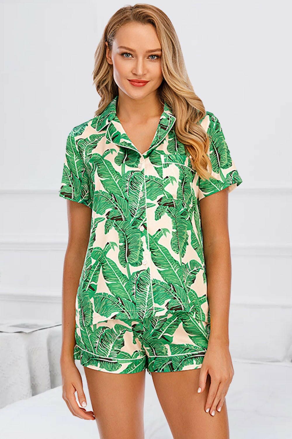 Printed Button Up Short Sleeve Top and Shorts Lounge Set - Love Salve