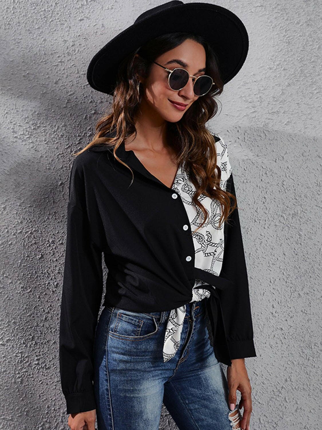 Printed Collared Neck Long Sleeve Shirt - Love Salve