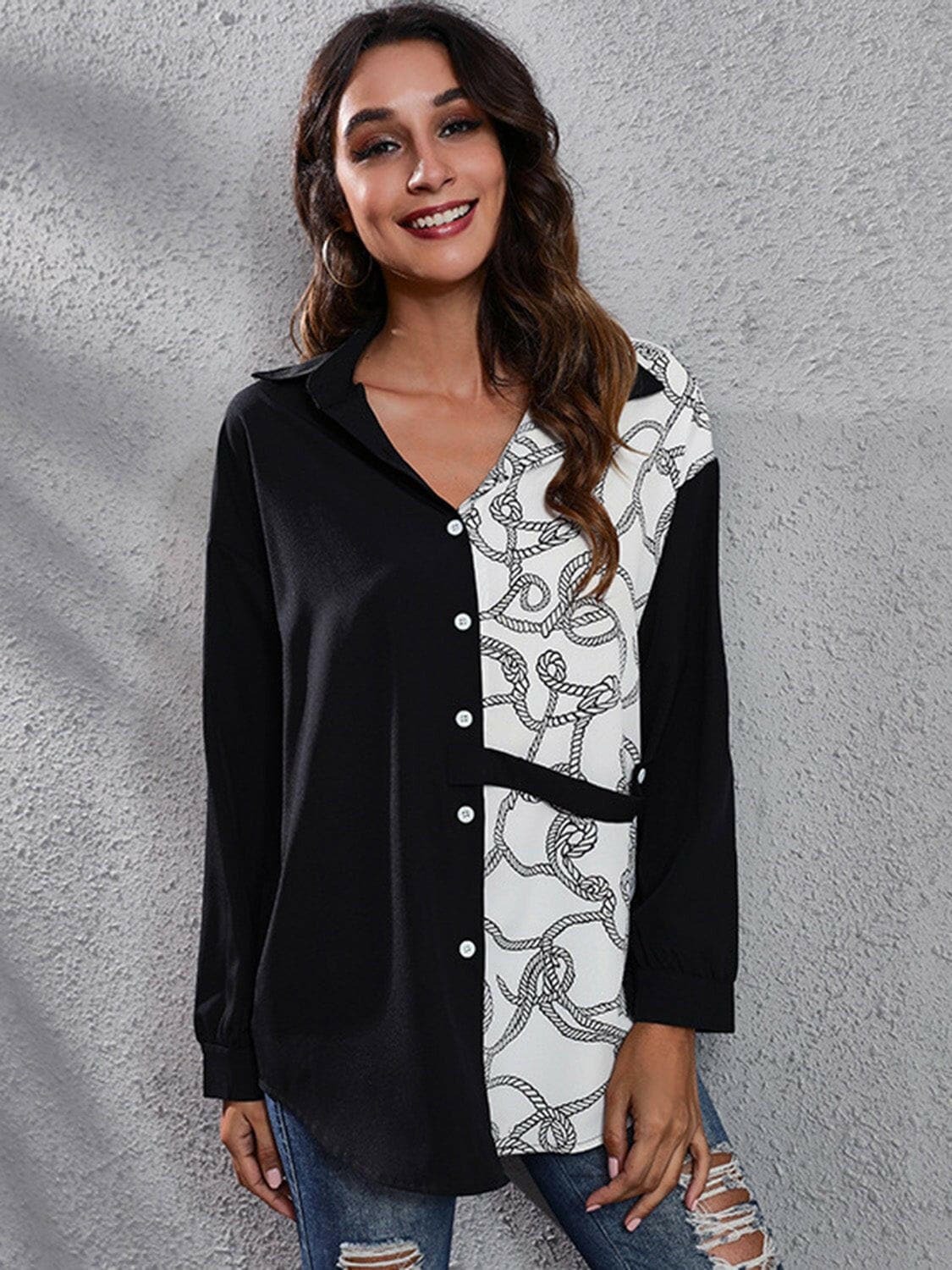 Printed Collared Neck Long Sleeve Shirt - Love Salve