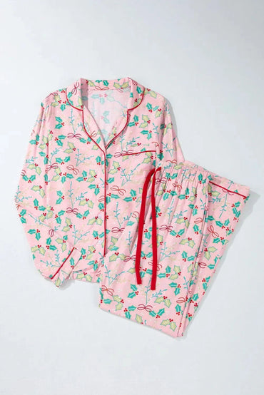 Printed Collared Neck Long Sleeve Top and Pants Lounge Set - Love Salve 