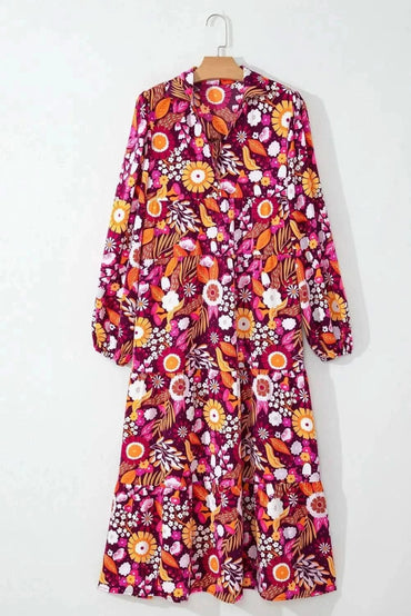 Printed Johnny Collar Long Sleeve Midi Dress - Love Salve 