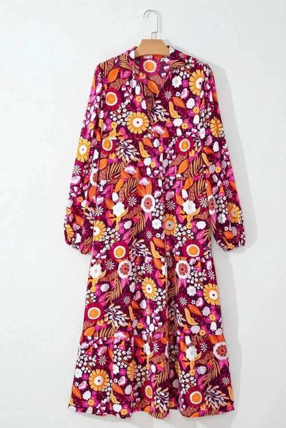 Printed Johnny Collar Long Sleeve Midi Dress - Love Salve 