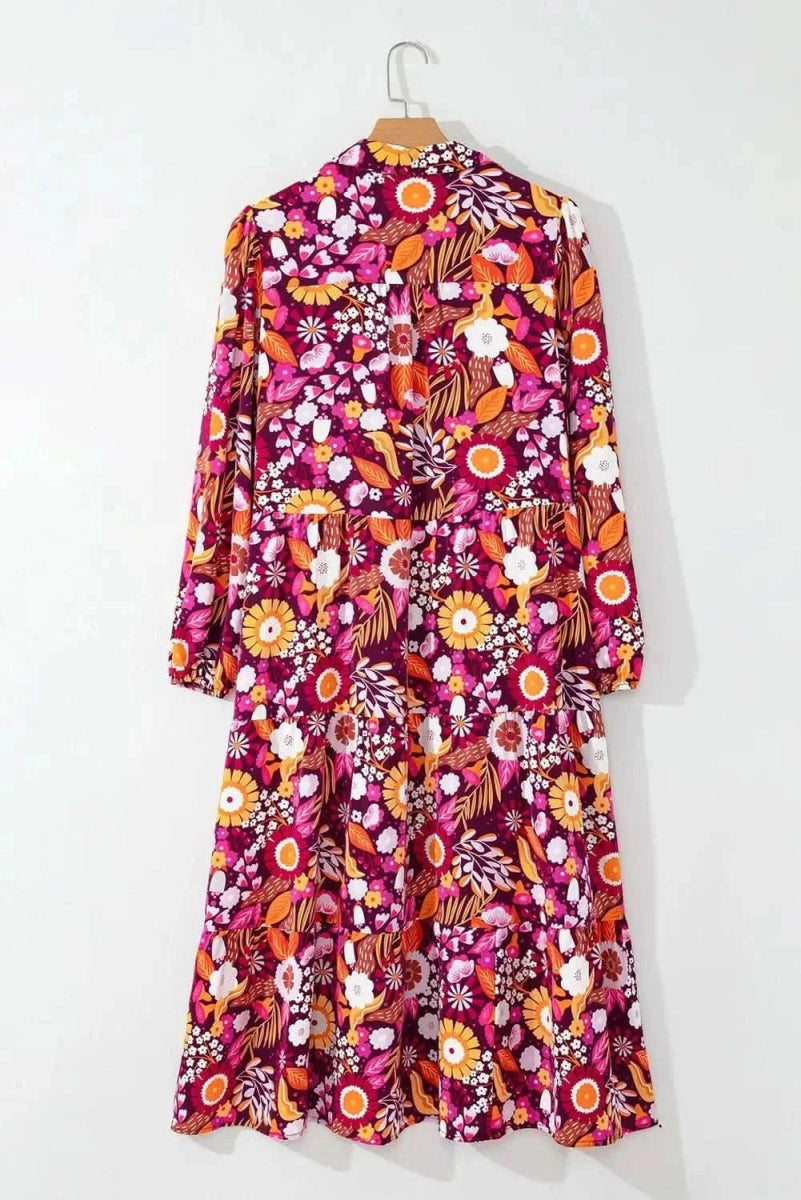 Printed Johnny Collar Long Sleeve Midi Dress - Love Salve 